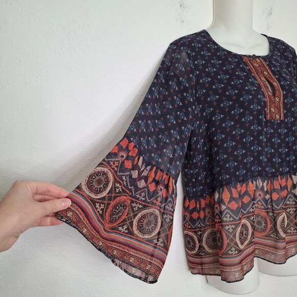Joie Silk Babydoll Blouse Sz S Sheer Boho Western Aztec Coastal Cowgirl Artsy - Picture 4 of 14